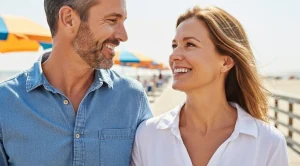Couple smiling at each other on the Myrtle Beach Boardwalk