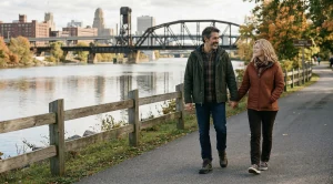 A couple strolling at the genesee riverway trail in buffalo, new york state.