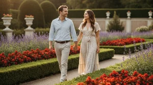 A couple walking side by side through conservatory garden in New York City.