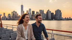 A couple enjoying a ferry ride together in new york city.