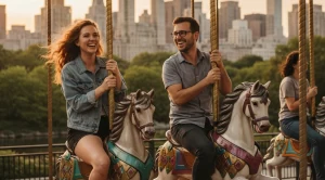 A couple riding the famous janes carousel in New York City.