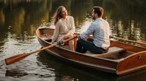 A couple on a rowboat at the central park in New York City.