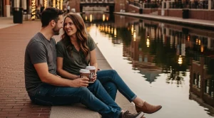 A couple enjyoing a date, sitting at the canals in bricktown, Oklahoma City.