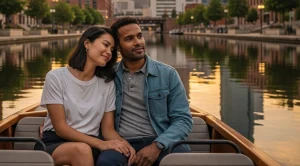 A couple sitting side by side on a water taxi in oklahoma city.