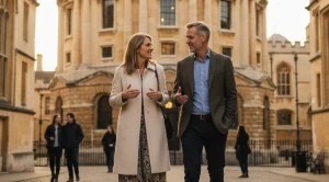 A couple strolling the historic square in oxford, mississippi.