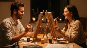 A couple having a date night, painting at home on canvas.