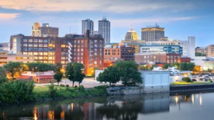 Skyline view of peoria with river in front of the city.