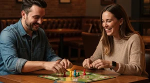 A couple playing board games at a date night.