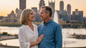 A couple meeting at the point state park in pittsburgh.