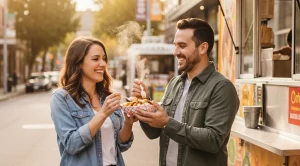 A couple sharing bites on a food court tasting tour in portland.