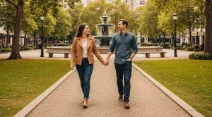 A couple walking side by side at jamison square in portland.