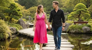 A couple strolling side by side through anderson japanese garden in Rockford.