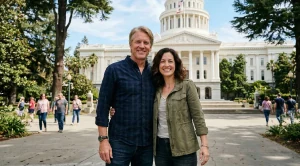 A couple in front of the california state capitol building in sacramento.