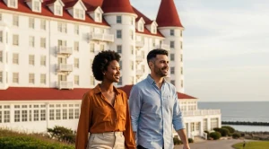 A couple walking side by side at the hotel del coronado in san diego.