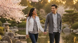 A couple walking hand in hand through the japanese friendship gardens in San Diego.
