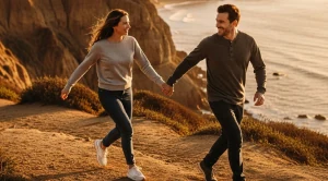 A couple walking hand in hand at cliffs natural park while sunset.