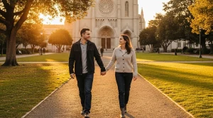 A couple walking side by side at sunset around san francisco cathedral.