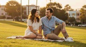 A couple enjoying the sunset at dolores park in san francisco.