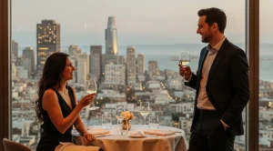 A couple enjoying a dinner at the top of the mark in san francisco.