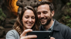 A couple taking a selfie under the famous fremont troll. 