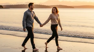 A couple walking hand in hand by the water at golden gardens park at sunset.