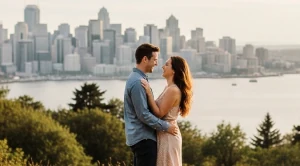 A couple enjoying the views of seattle skyline from kerry park. 