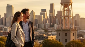 A couple stand side by side on a rooftop, watching the sunset over Seattle's water tower.
