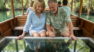 A couple in Silver Springs enjoying a glass-bottomed boat ride.