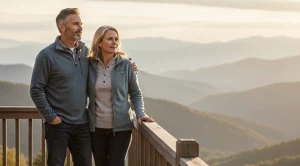 A couple near a cabin overlooking smoky mountains in Tennessee