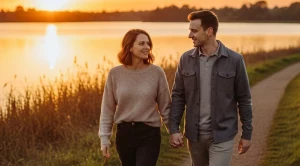 A couple walking hand in hand at the lake in stockton while sunset.