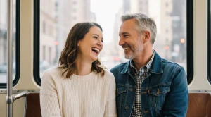 A couple sharing a streetcar ride in kansas city.