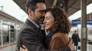 A couple meeting at the train station for a date after work.